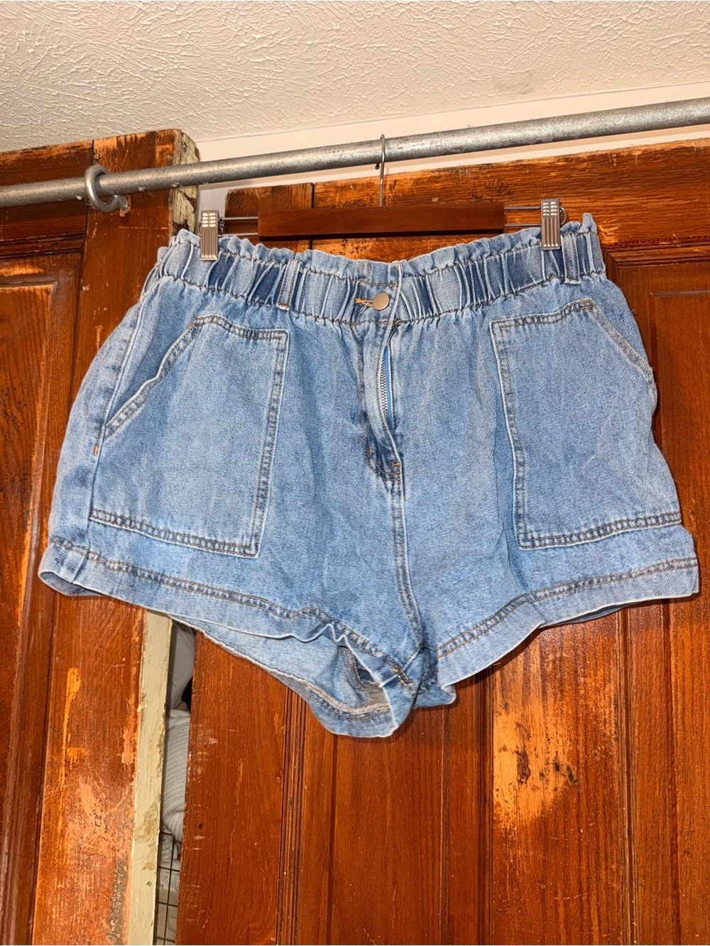 SHEIN Light Blue High-Rise Paperbag Denim Shorts